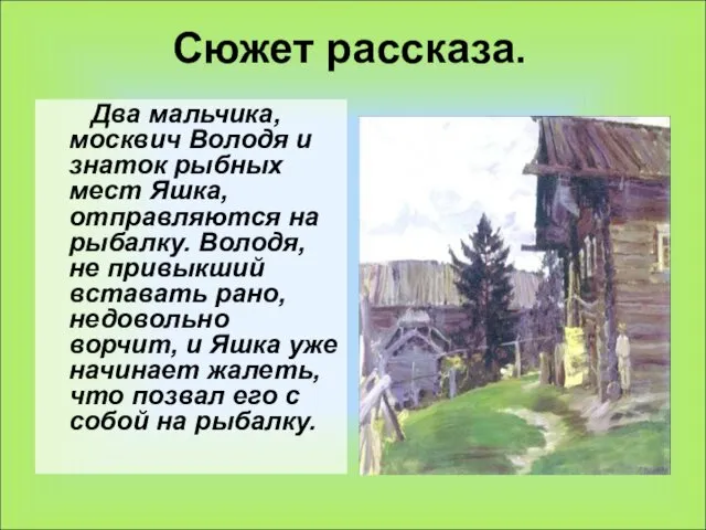 Сюжет рассказа. Два мальчика, москвич Володя и знаток рыбных мест