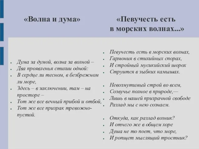 «Волна и дума» «Певучесть есть в морских волнах...» Дума за думой, волна за