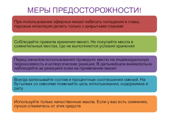 МЕРЫ ПРЕДОСТОРОЖНОСТИ! При использовании эфирных масел избегать попадания в глаза,