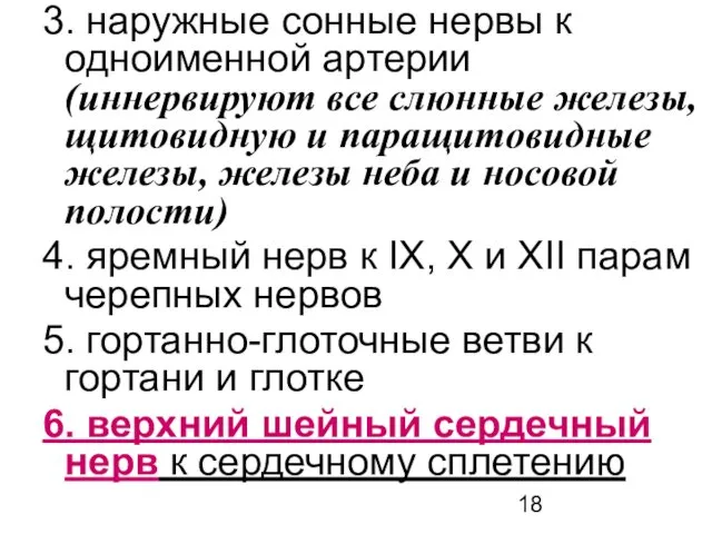 3. наружные сонные нервы к одноименной артерии (иннервируют все слюнные