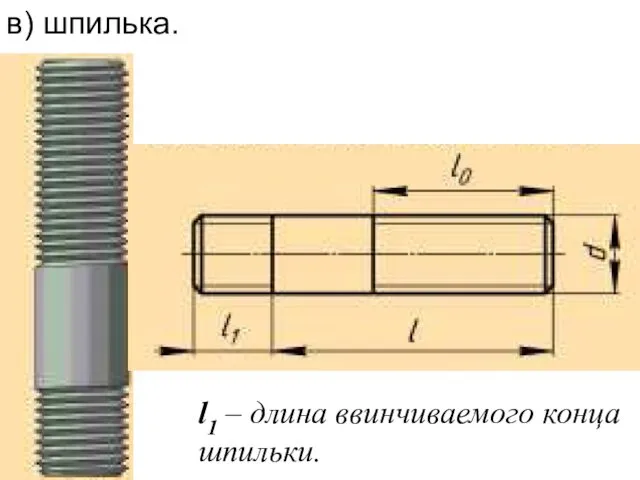 в) шпилька. l1 – длина ввинчиваемого конца шпильки.