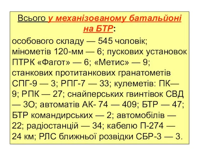 Всього у механізованому батальйоні на БТР: особового складу — 545