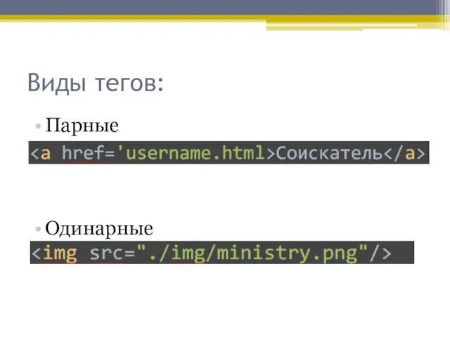 Виды тегов: Парные Одинарные