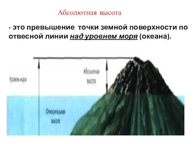 Абсолютная высота - это превышение точки земной поверхности по отвесной линии над уровнем моря (океана).