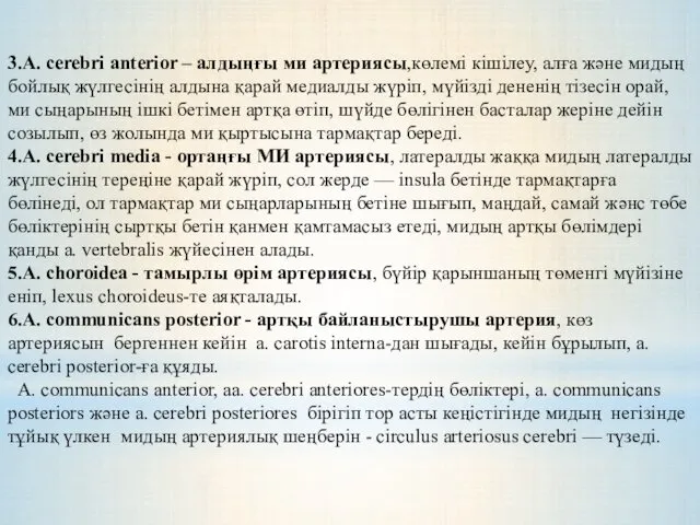 3.A. cerebri anterior – алдыңғы ми артериясы,көлемі кішілеу, алға және мидың бойлық жүлгесінің