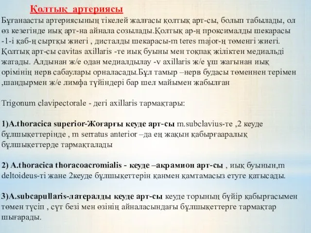 Қолтық артериясы Бұғанаасты артериясының тікелей жалғасы қолтық арт-сы, болып табылады, ол өз кезегінде