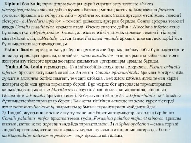 Бірінші бөлімнің тармақтары жоғары қарай сыртқы есту тесігіне sissura pterygotympanica