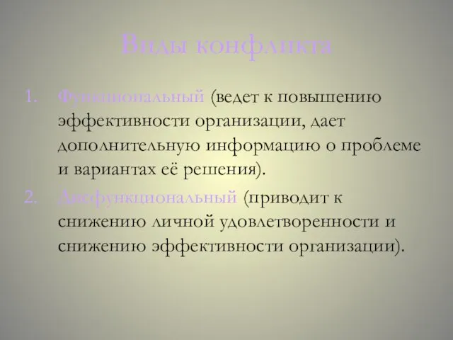 Виды конфликта Функциональный (ведет к повышению эффективности организации, дает дополнительную