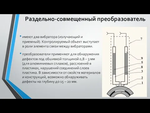 Раздельно-совмещенный преобразователь имеют два вибратора (излучающий и приемный). Контролируемый объект