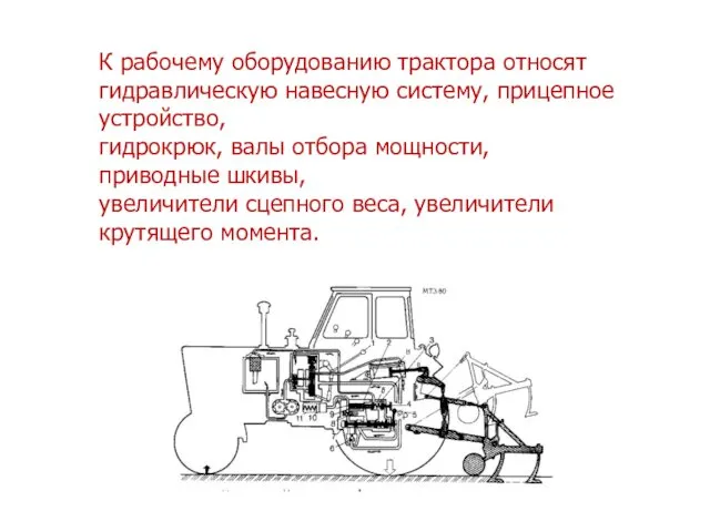 К рабочему оборудованию трактора относят гидравлическую навесную систему, прицепное устройство,