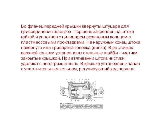 Во фланец передней крышки ввернуты штуцера для присоединения шлангов. Поршень