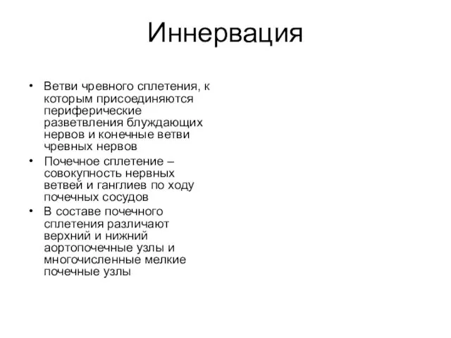 Иннервация Ветви чревного сплетения, к которым присоединяются периферические разветвления блуждающих