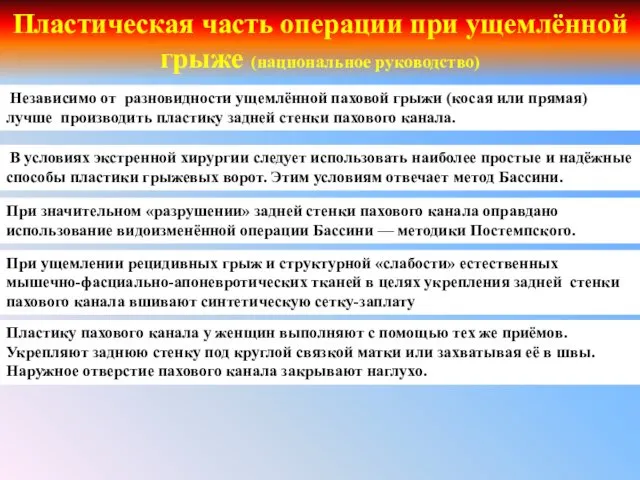 Пластическая часть операции при ущемлённой грыже (национальное руководство) Независимо от разновидности ущемлённой паховой