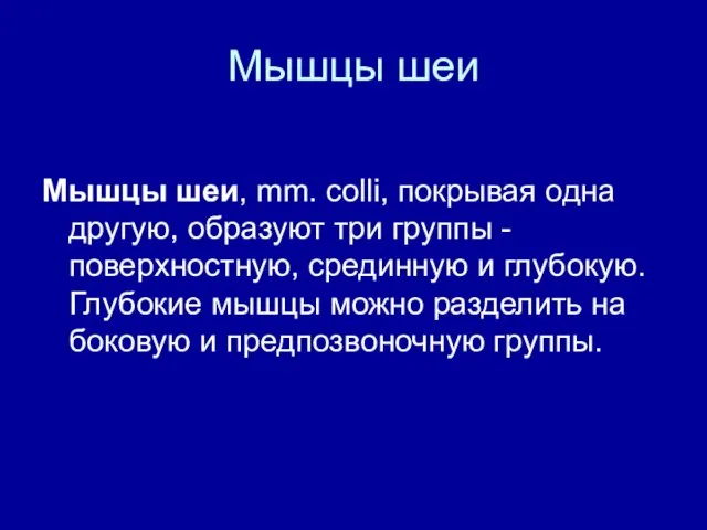 Мышцы шеи Мышцы шеи, mm. colli, покрывая одна другую, образуют