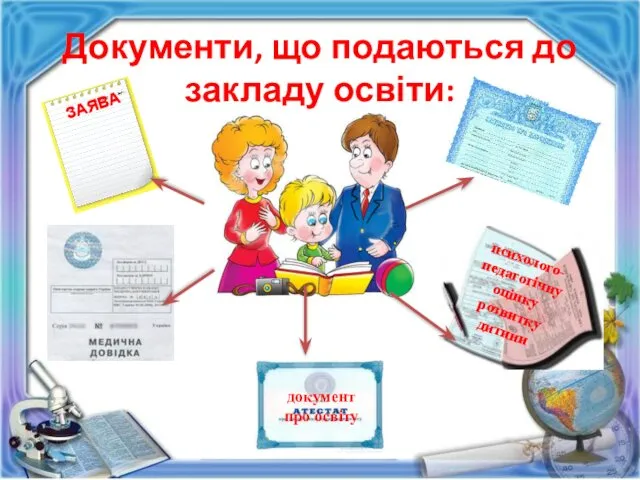 Документи, що подаються до закладу освіти: ЗАЯВА психолого-педагогічну оцінку розвитку дитини документ про освіту