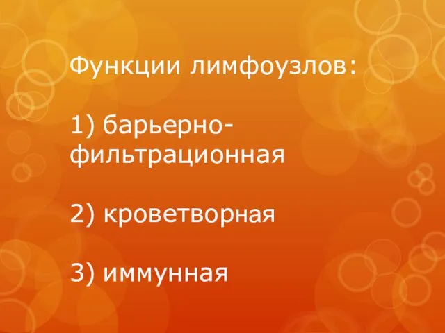 Функции лимфоузлов: 1) барьерно-фильтрационная 2) кроветворная 3) иммунная