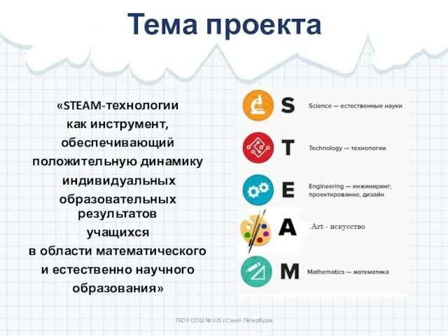 Тема проекта ГБОУ СОШ № 325 г.Санкт-Петербурга «STEAM-технологии как инструмент, обеспечивающий положительную динамику