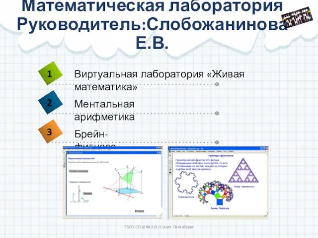 Математическая лаборатория Руководитель:Слобожанинова Е.В. ГБОУ СОШ № 325 г.Санкт-Петербурга