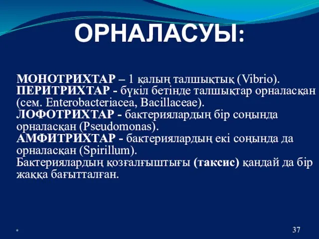 ОРНАЛАСУЫ: * МОНОТРИХТАР – 1 қалың талшықтық (Vibrio). ПЕРИТРИХТАР -