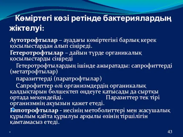 Көміртегі көзі ретінде бактериялардың жіктелуі: Аутотрофтылар – ауадағы көміртегіні барлық