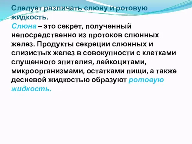 Следует различать слюну и ротовую жидкость. Слюна – это секрет,