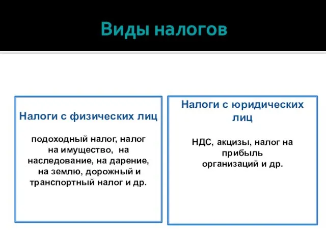 Виды налогов Налоги с физических лиц подоходный налог, налог на