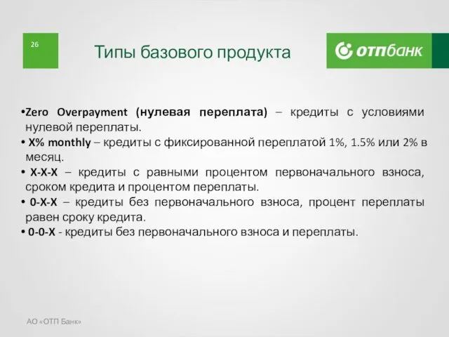 Типы базового продукта АО «ОТП Банк» Zero Overpayment (нулевая переплата)