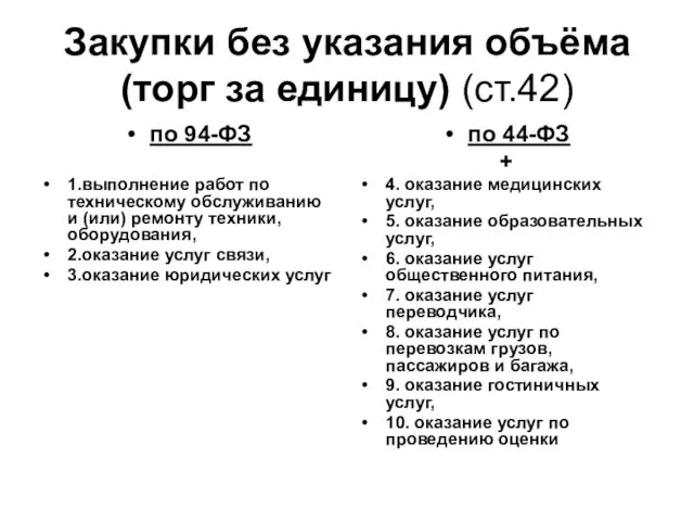 Закупки без указания объёма (торг за единицу) (ст.42) по 94-ФЗ 1.выполнение работ по