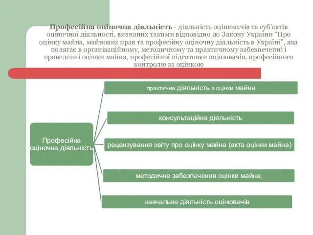 Професійна оціночна діяльність - діяльність оцінювачів та суб'єктів оціночної діяльності,