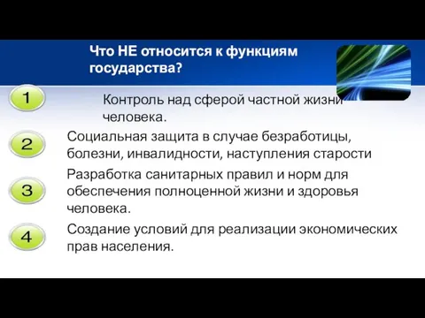 Что НЕ относится к функциям государства? Контроль над сферой частной