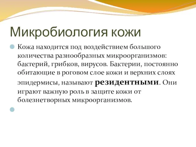 Микробиология кожи Кожа находится под воздействием большого количества разнообразных микроорганизмов: