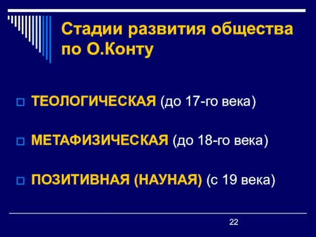 Стадии развития общества по О.Конту ТЕОЛОГИЧЕСКАЯ (до 17-го века) МЕТАФИЗИЧЕСКАЯ