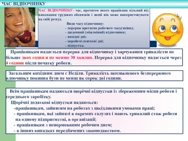 ЧАС ВІДПОЧИНКУ- час, протягом якого працівник вільний від виконання трудових