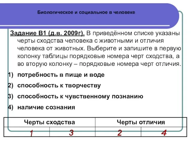 Биологическое и социальное в человеке Задание В1 (д.в. 2009г). В