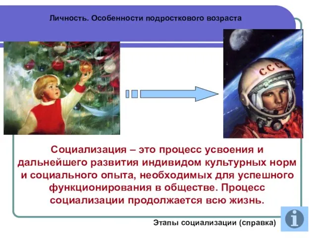 Личность. Особенности подросткового возраста Социализация – это процесс усвоения и