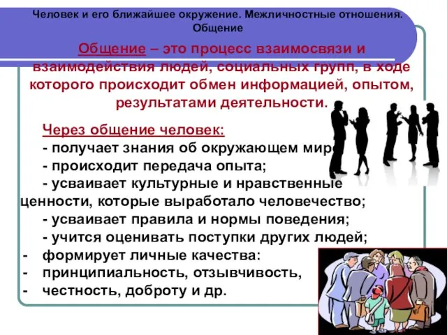 Человек и его ближайшее окружение. Межличностные отношения. Общение Общение –