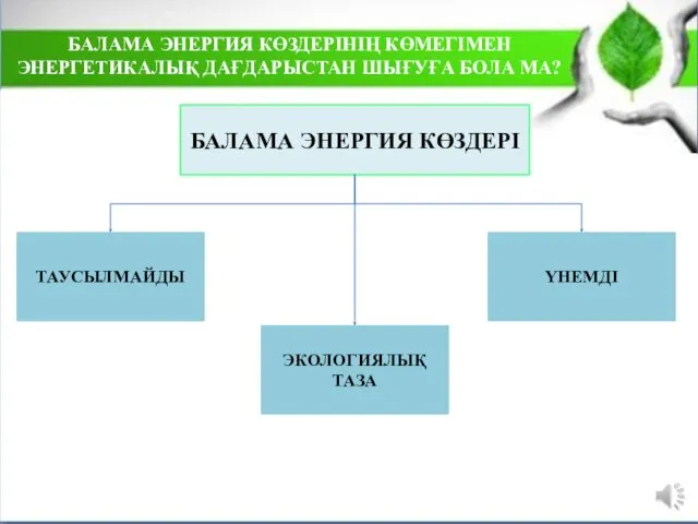 БАЛАМА ЭНЕРГИЯ КӨЗДЕРІНІҢ КӨМЕГІМЕН ЭНЕРГЕТИКАЛЫҚ ДАҒДАРЫСТАН ШЫҒУҒА БОЛА МА? БАЛАМА ЭНЕРГИЯ КӨЗДЕРІ ТАУСЫЛМАЙДЫ ЭКОЛОГИЯЛЫҚ ТАЗА ҮНЕМДІ