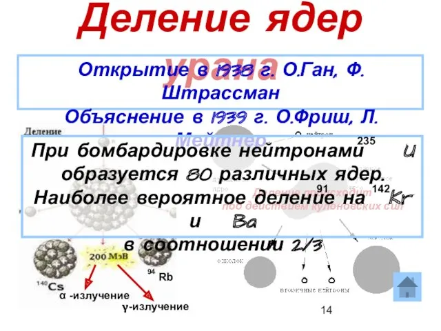 Деление ядер урана Открытие в 1938 г. О.Ган, Ф.Штрассман Объяснение