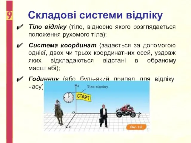 Складові системи відліку Тіло відліку (тіло, відносно якого розглядається положення