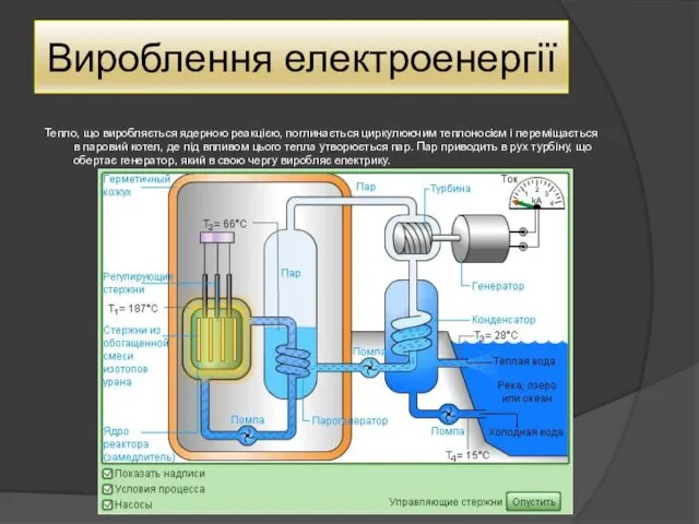 Вироблення електроенергії Тепло, що виробляється ядерною реакцією, поглинається циркулюючим теплоносієм