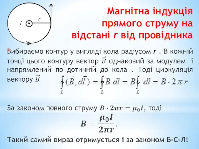Магнітнa індукція прямого струму на відстані r від провідника