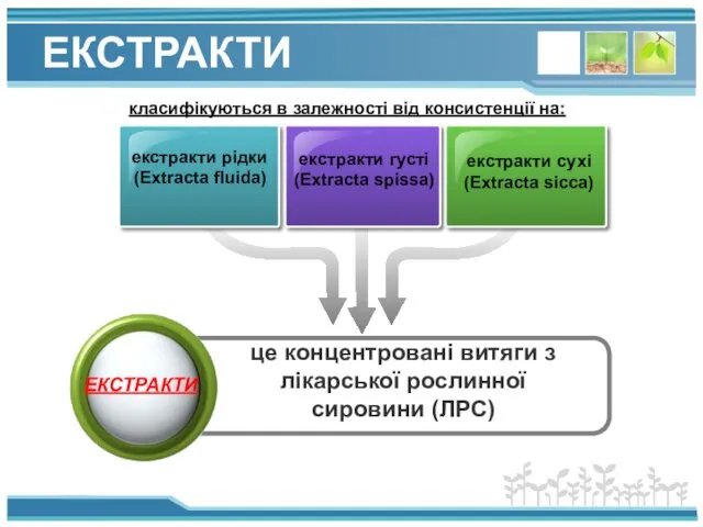 ЕКСТРАКТИ екстракти рідки (Extracta fluida) екстракти густі (Extracta spissa) екстракти