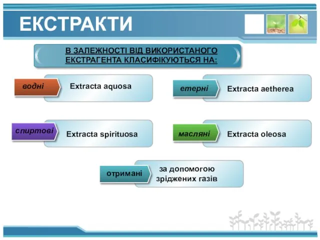 ЕКСТРАКТИ водні спиртові масляні етерні отримані В ЗАЛЕЖНОСТІ ВІД ВИКОРИСТАНОГО