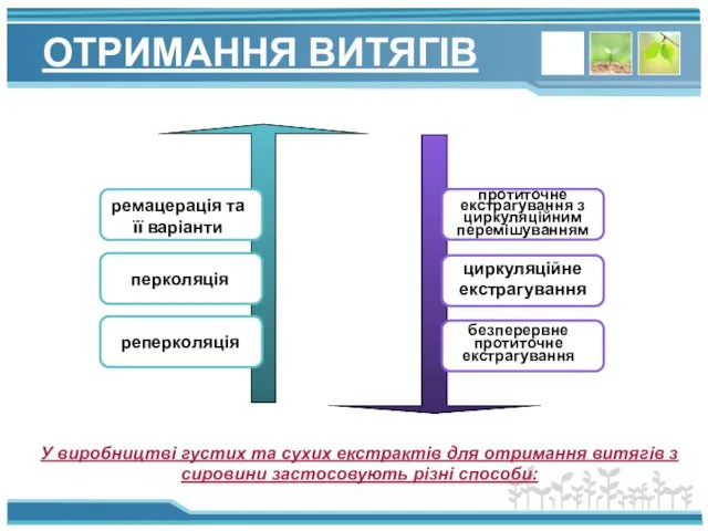 ОТРИМАННЯ ВИТЯГІВ ремацерація та її варіанти перколяція реперколяція протиточне екстрагування