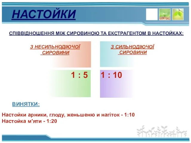 НАСТОЙКИ СПІВВІДНОШЕННЯ МІЖ СИРОВИНОЮ ТА ЕКСТРАГЕНТОМ В НАСТОЙКАХ: З НЕСИЛЬНОДІЮЧОЇ