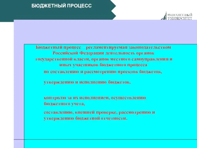 БЮДЖЕТНЫЙ ПРОЦЕСС Бюджетный процесс – регламентируемая законодательством Российской Федерации деятельность