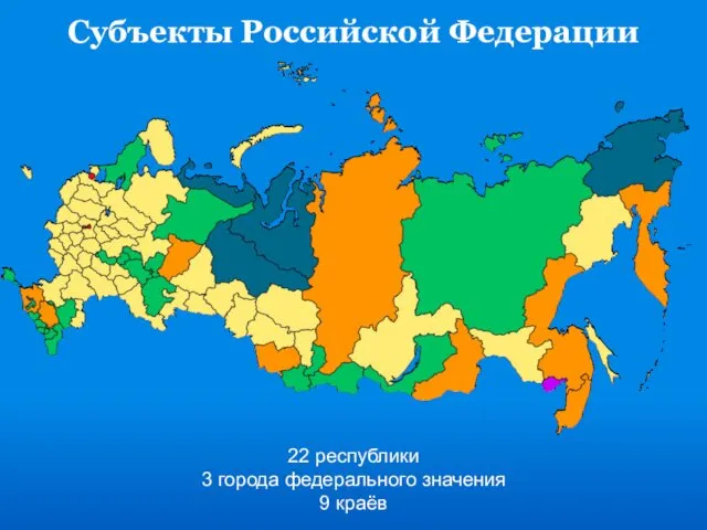 Субъекты Российской Федерации 22 республики 3 города федерального значения 9 краёв 1 автономная