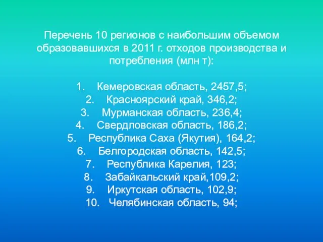 Перечень 10 регионов с наибольшим объемом образовавшихся в 2011 г. отходов производства и