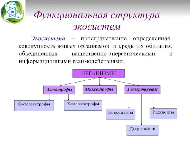 Функциональная структура экосистем Экосистема – пространственно определенная совокупность живых организмов