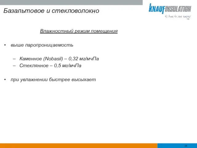 Базальтовое и стекловолокно Влажностный режим помещения выше паропроницаемость Каменное (Nobasil)